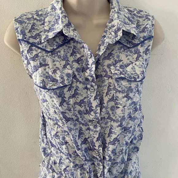 Wrangler beautiful horses pattern Sleeveless Blue and White Button-Down Shirt - Picture 4 of 8